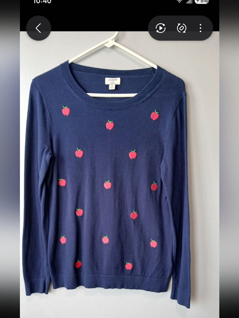 J. Crew Navy Crewneck Teddie Sweater Apple Print Womens Medium Teacher Classic - Picture 1 of 5